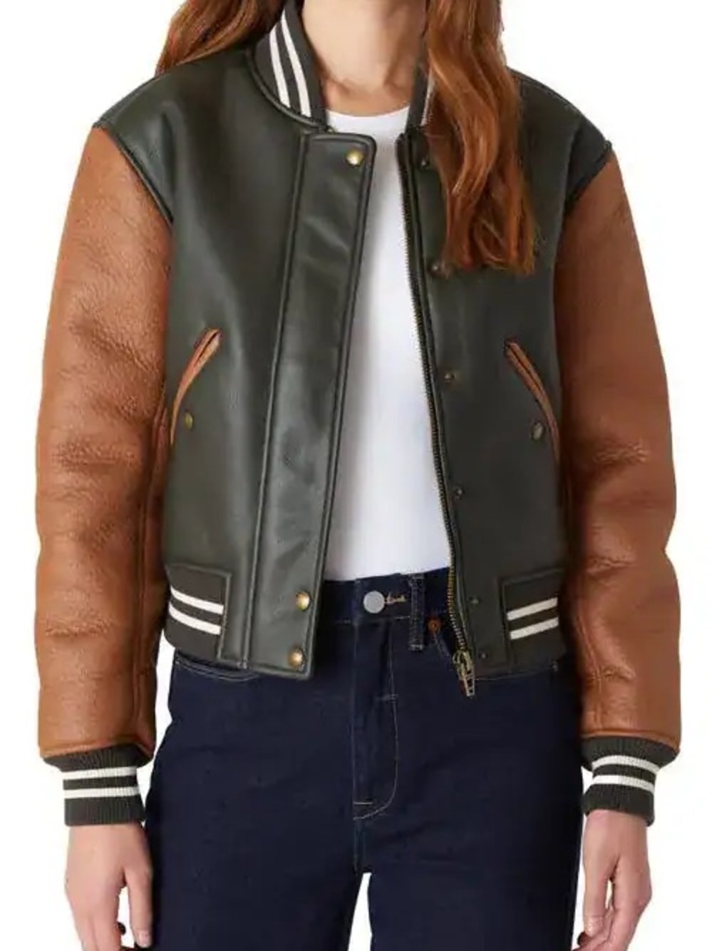 BLANKNYC Bonded Faux Leather Bomber Jacket in Dark Green and Brown